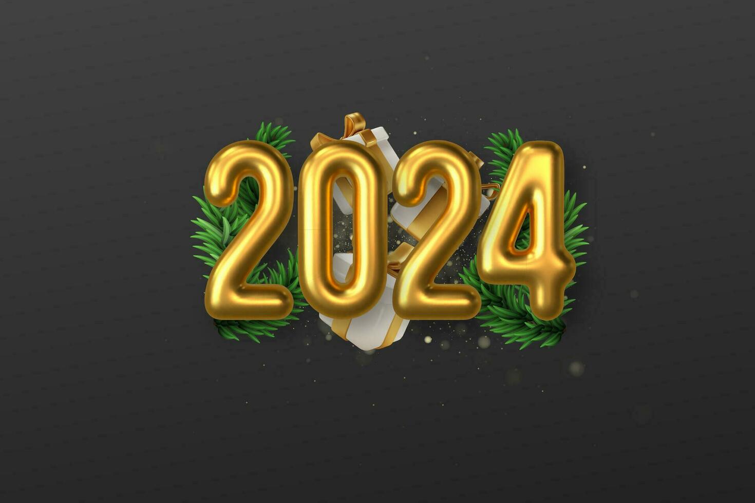 feliz Novo ano 2024. festivo realista decoração com ouro número e ouro dar caixa para comemoro 2024 festa, calendário e poster vetor