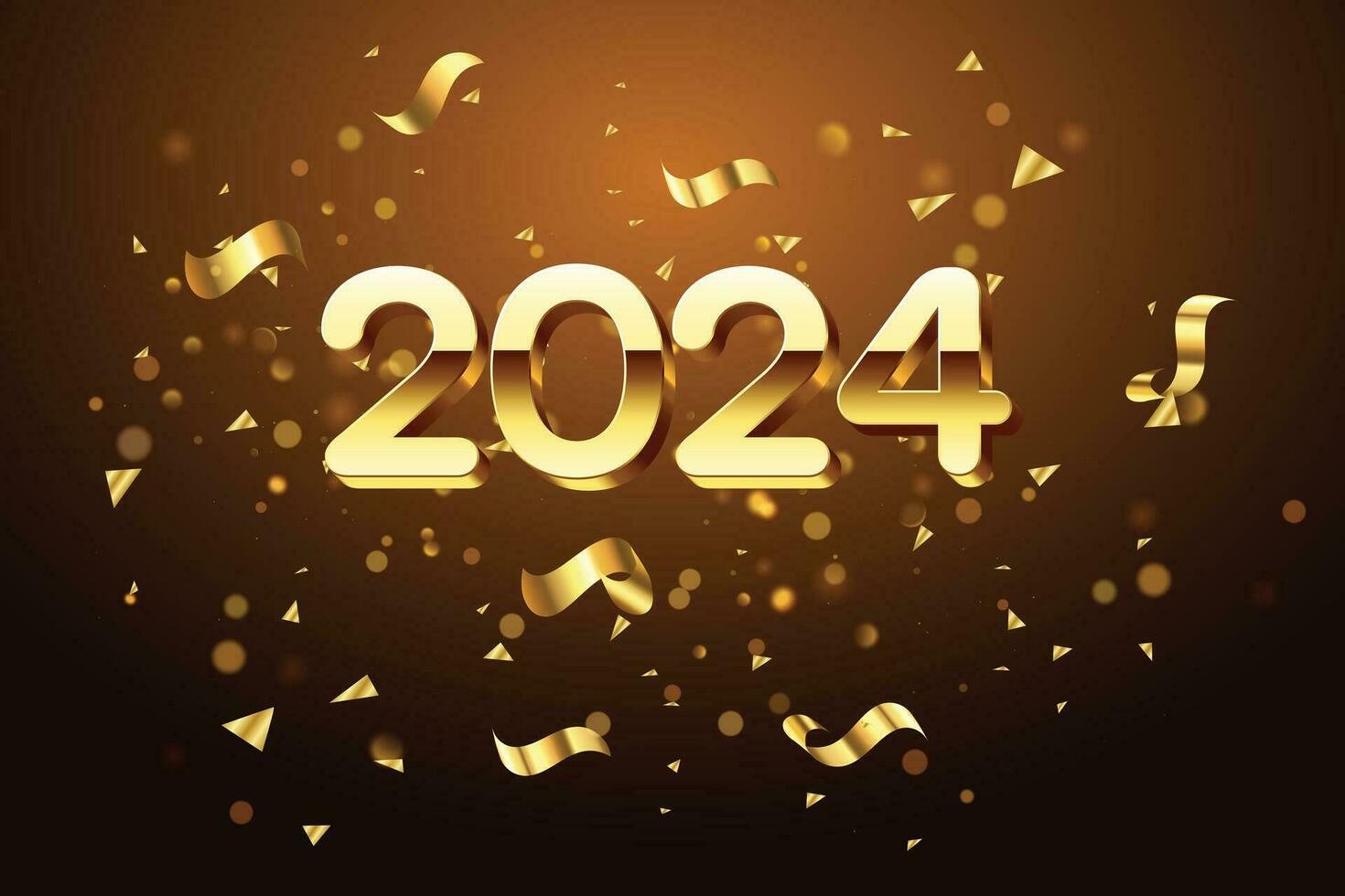 feliz Novo ano 2024. dourado 3d números com ouro confete e branco estilo em elegante fundo vetor