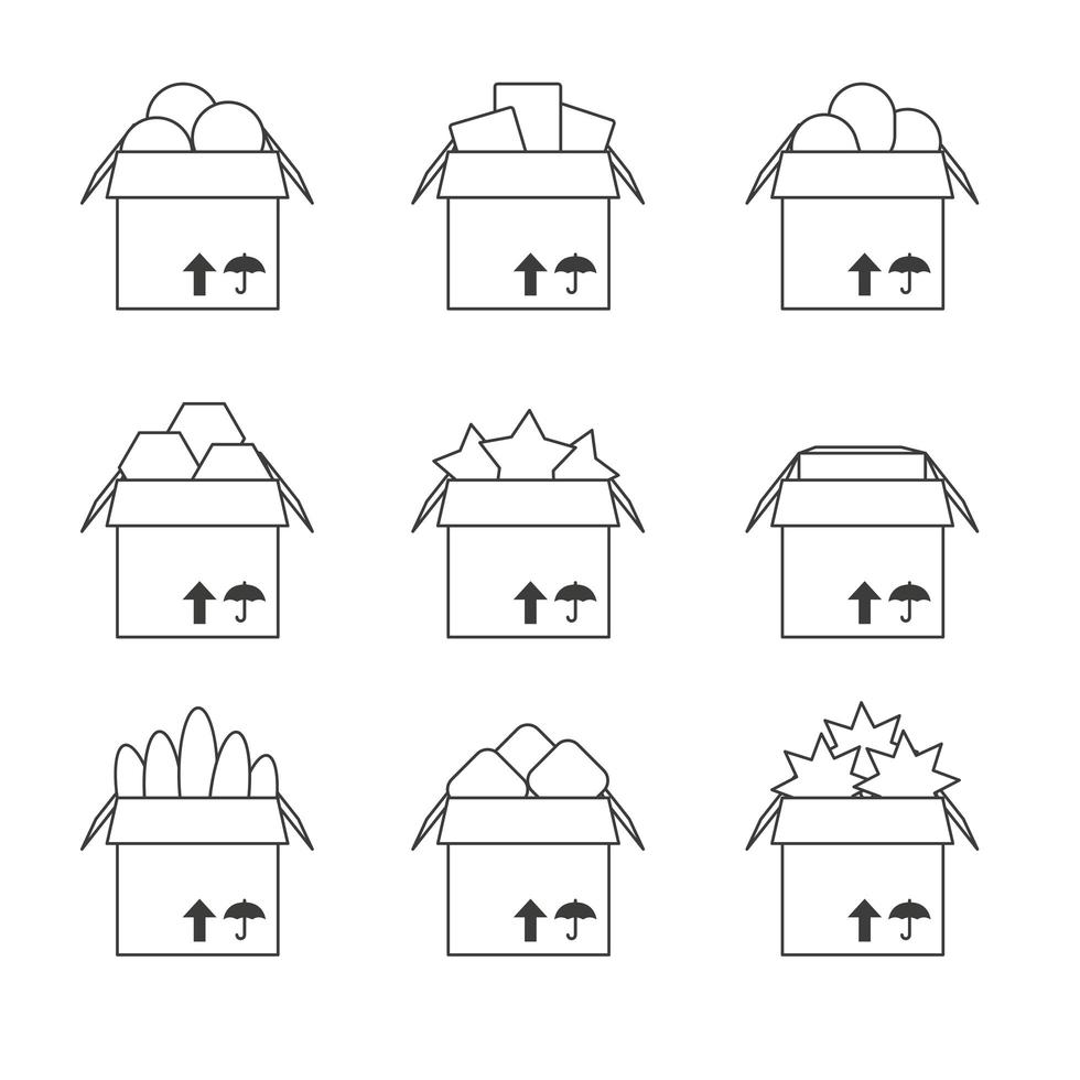 conjunto de modelos com a caixa cheia, ícones vetor