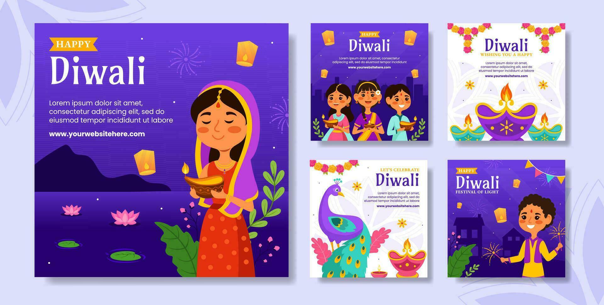 feliz diwali social meios de comunicação postar plano desenho animado mão desenhado modelos fundo ilustração vetor