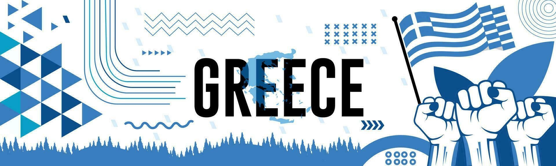 Grécia mapa e elevado punhos. nacional dia ou independência dia Projeto para Grécia celebração. moderno retro Projeto com abstrato ícones. vetor ilustração.