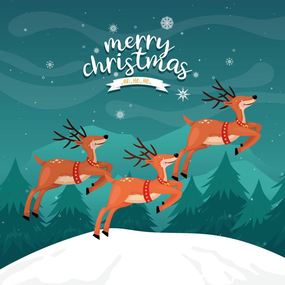 cartão de feliz natal com renas na montanha com pinheiros vetor
