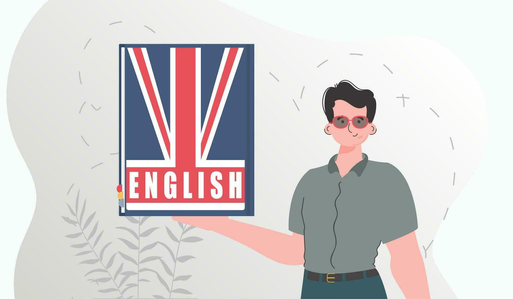 a conceito do Aprendendo inglês. uma homem detém a Inglês dicionário dentro dele mãos. na moda desenho animado estilo. vetor ilustração.