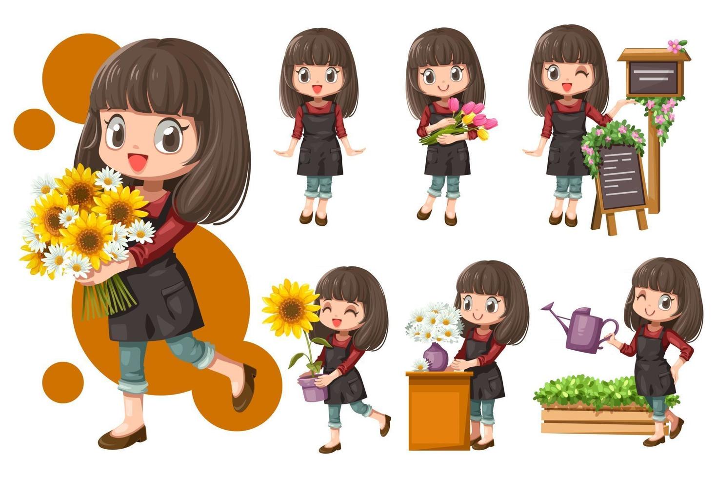 florista jovem alegre com avental na floricultura vetor