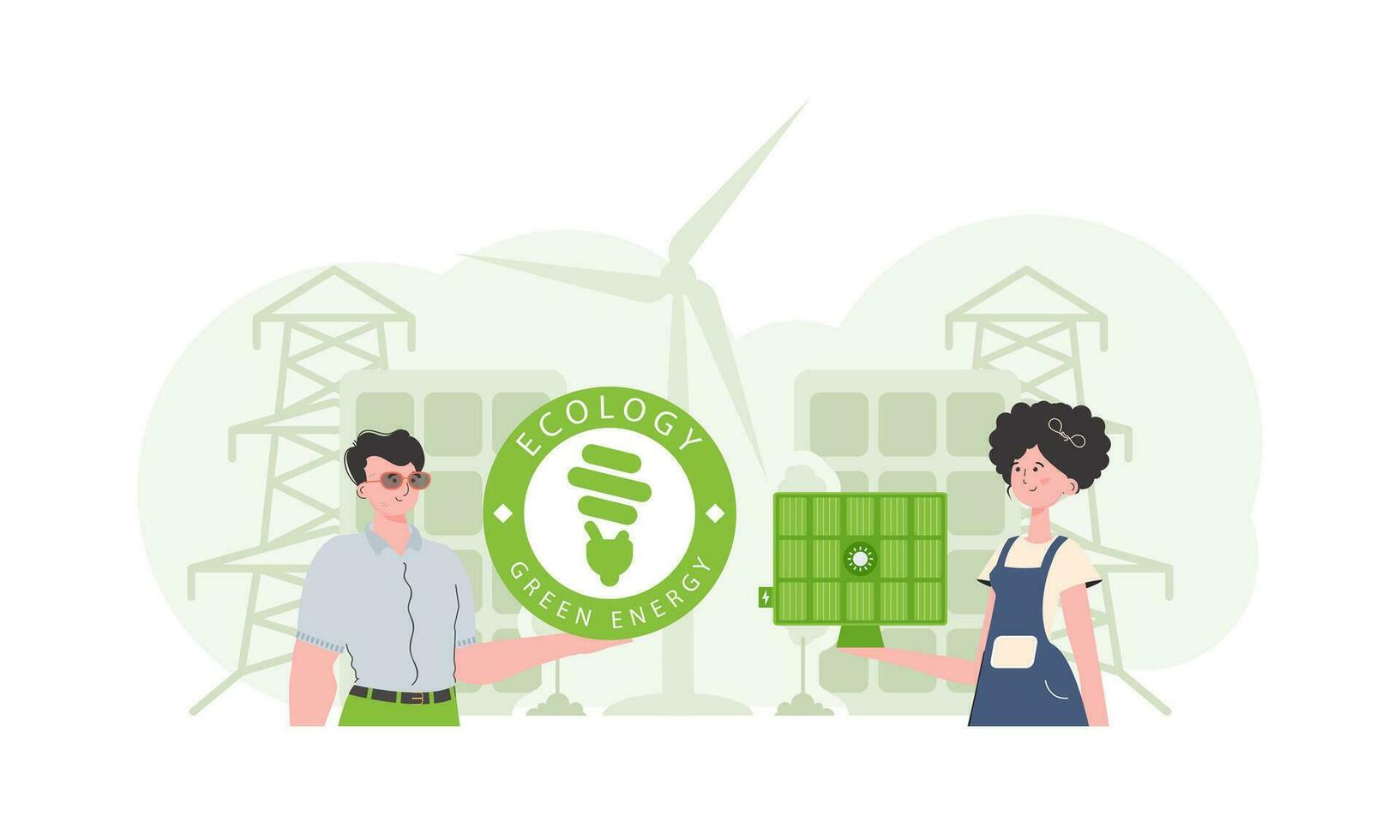 mulher e homem e solar painel. eco energia conceito. vetor ilustração.