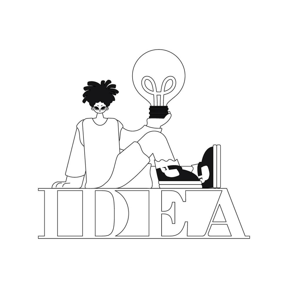 homem detém uma lâmpada elétrica, significando Ideias. linear vetor ilustração.
