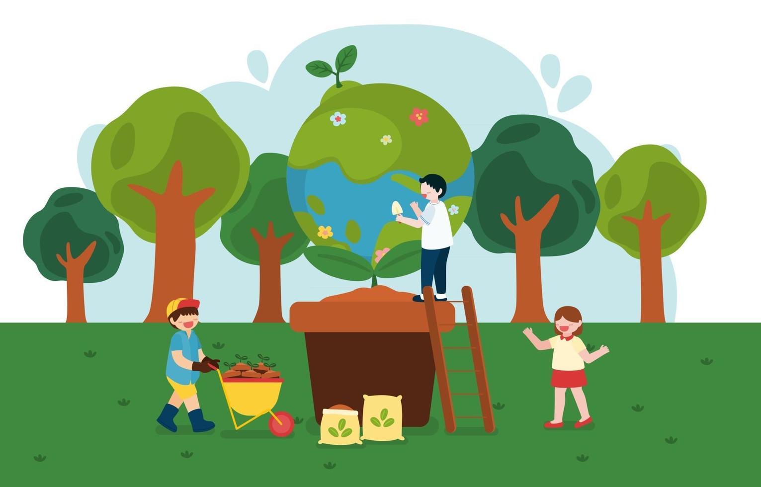 crianças ajudam a plantar árvores no vetor feliz dia da terra
