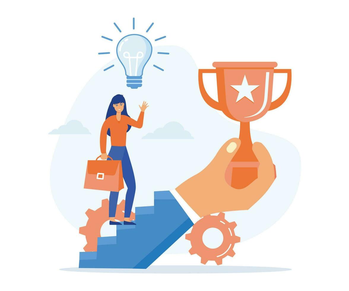 sucesso motivação conceito, uma empresária indo acima a escadas com uma mão segurando uma troféu, plano vetor moderno ilustração