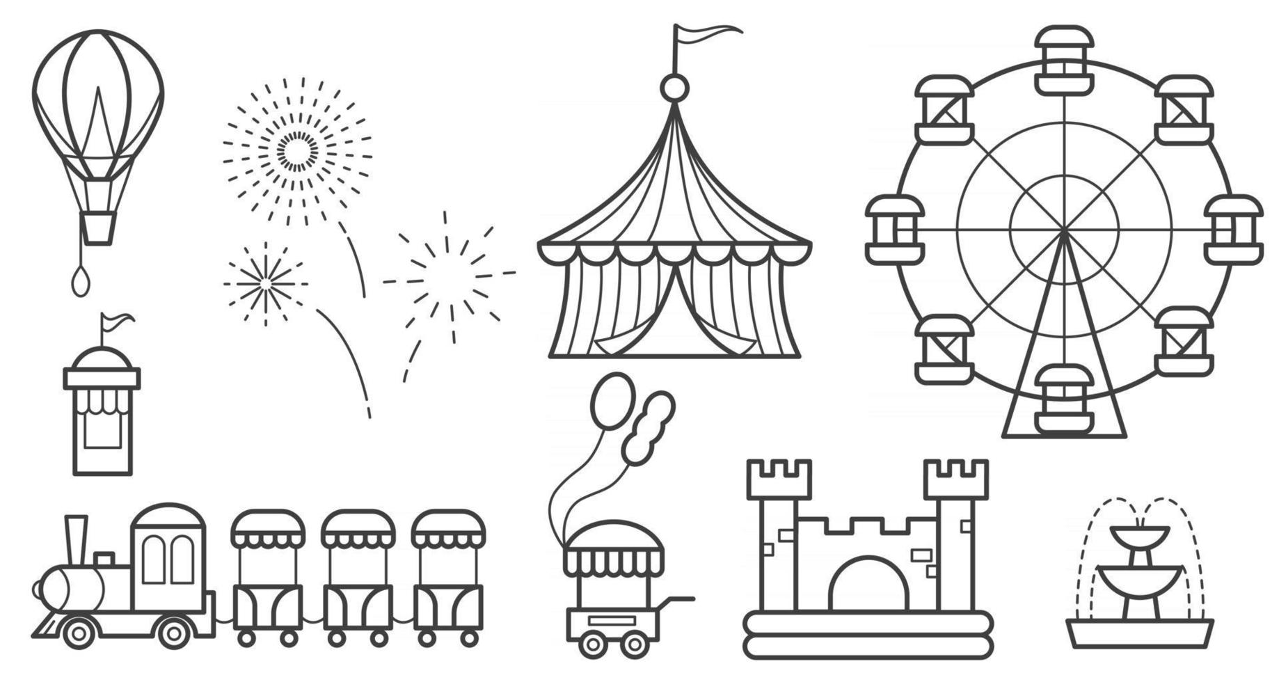 conjunto de ícones de contorno de parque de diversões. roda gigante, circo, passeios, balão, castelo inflável, trem, fogos de artifício, carrinho de compras de fonte. objetos de linha de vetor