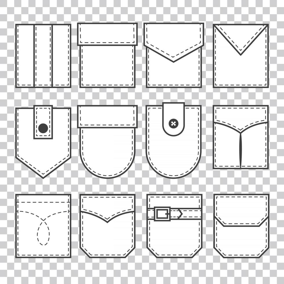 conjunto de patches de bolso. elementos para roupas, vestidos e camisas uniformes ou de estilo casual. ilustração vetorial de linha vetor