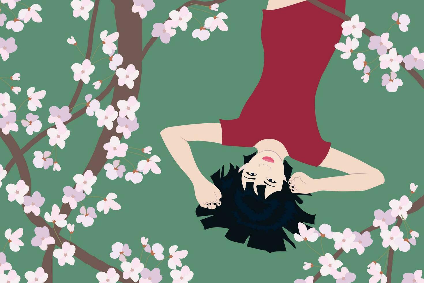 chinês menina admira a galhos do cereja flores deitado em a grama. vetor gráficos do sakura em uma verde fundo.
