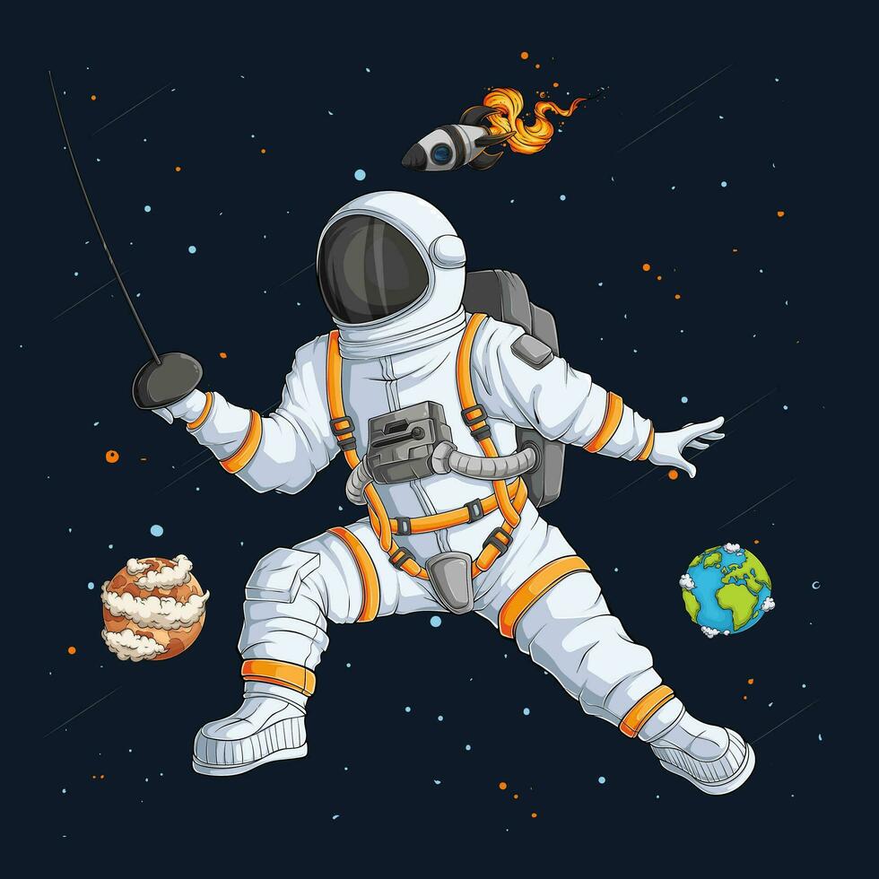 mão desenhado esgrima astronauta com espada dentro traje espacial, marcial artes astronauta sobre foguete e planetas vetor