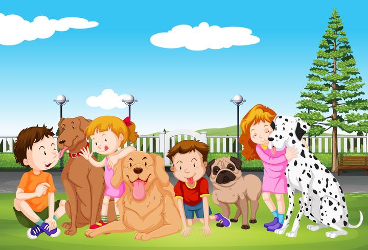 Crianças e seus cães de estimação no parque vetor