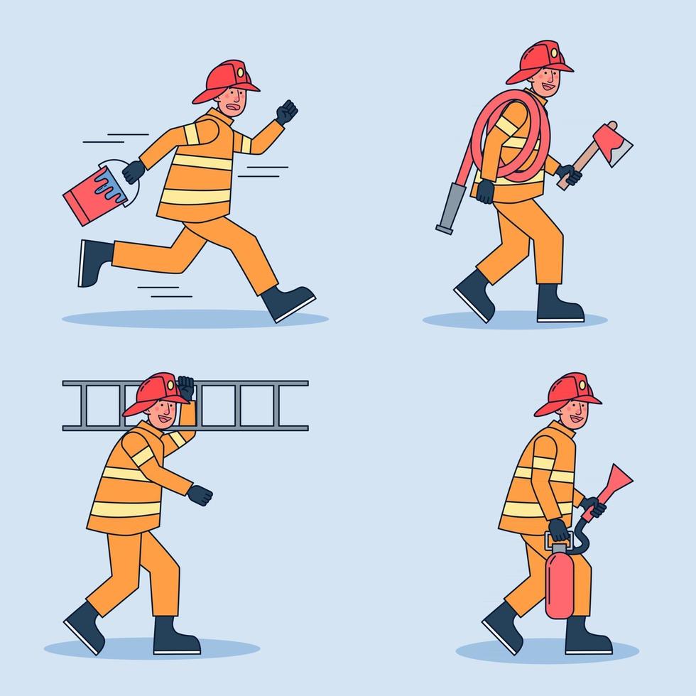 conjunto de caracteres de bombeiro. bombeiro extinguindo o fogo conjunto isolado no fundo branco. personagem de desenho animado plana de bombeiro. vetor