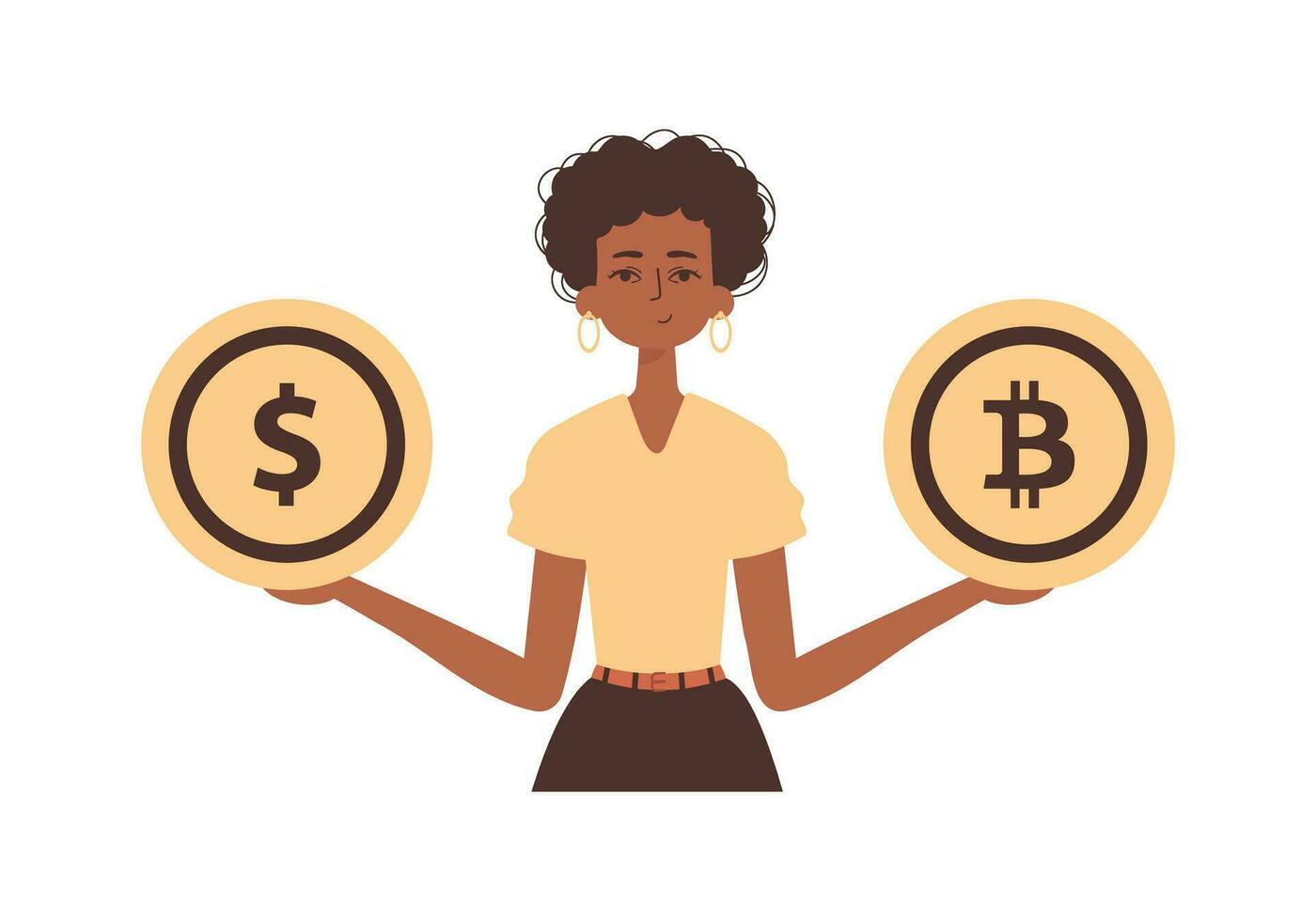 uma mulher detém uma moeda do bitcoin e dólar dentro dela mãos. personagem dentro moderno na moda estilo. vetor