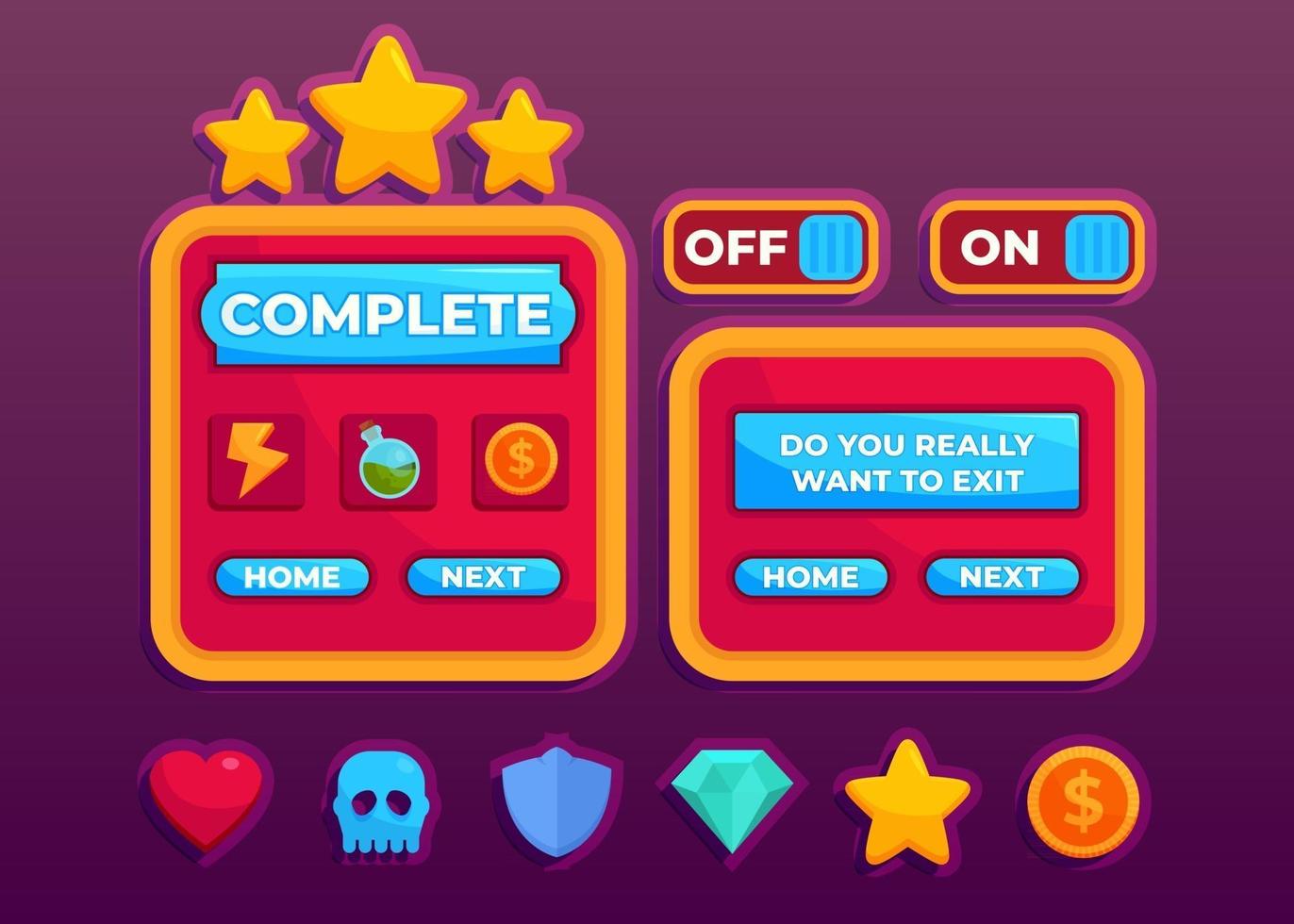 design para conjunto completo de pop-up, ícone, janela e elementos do jogo de botão de pontuação vetor