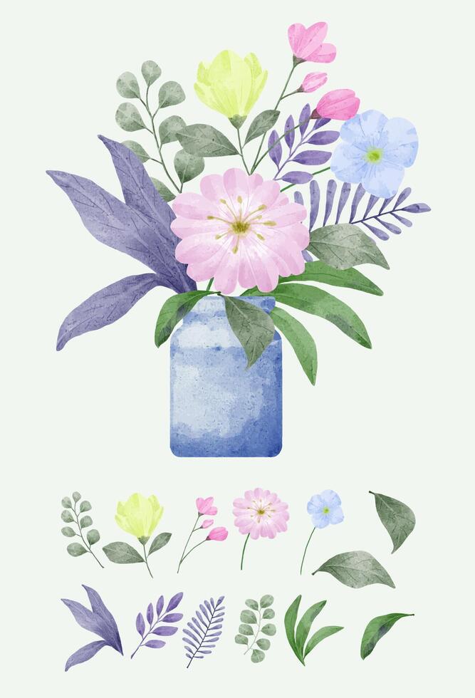 um conjunto de flores pintadas em aquarela para vários cartões e cartões comemorativos. vetor