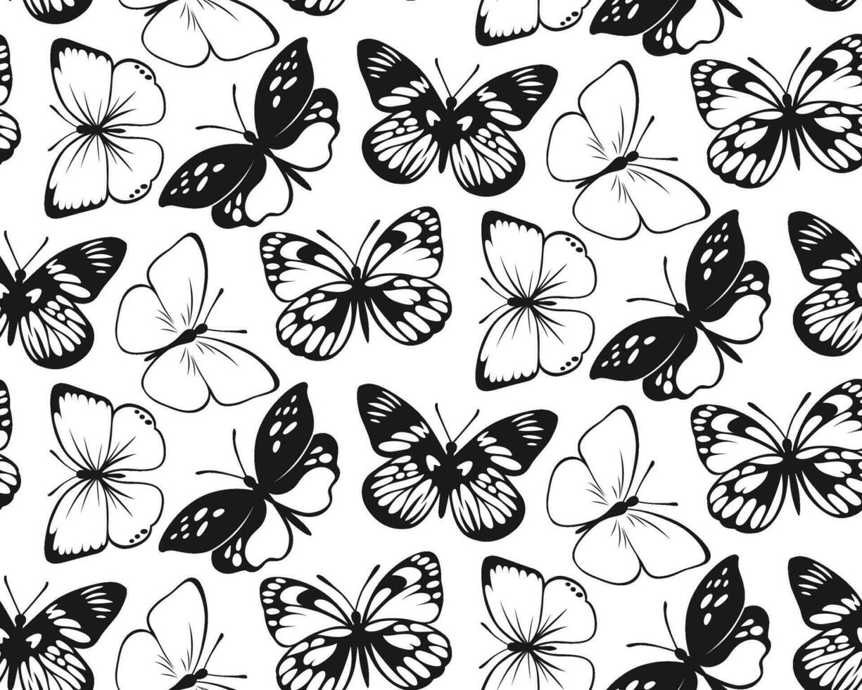 borboleta desatado padronizar. decorativo mosca inseto fundo. Preto e branco botânico textura vetor