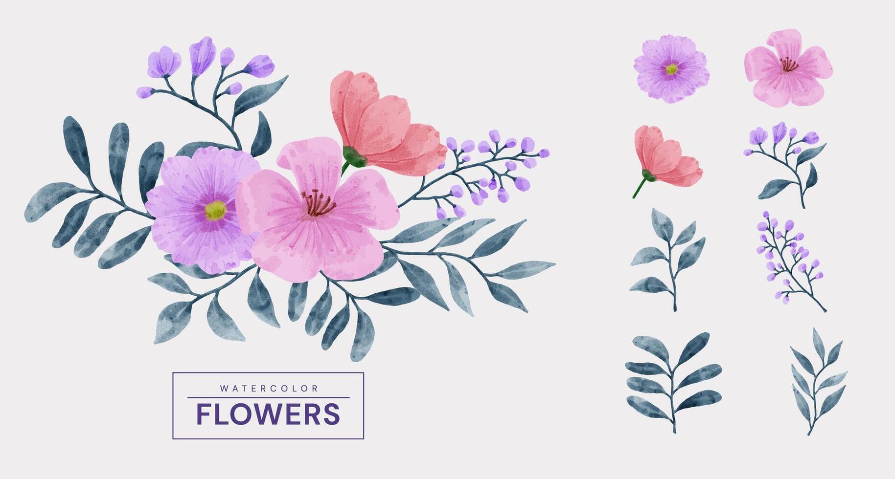 um conjunto de flores pintadas em aquarela para vários cartões e cartões comemorativos. vetor