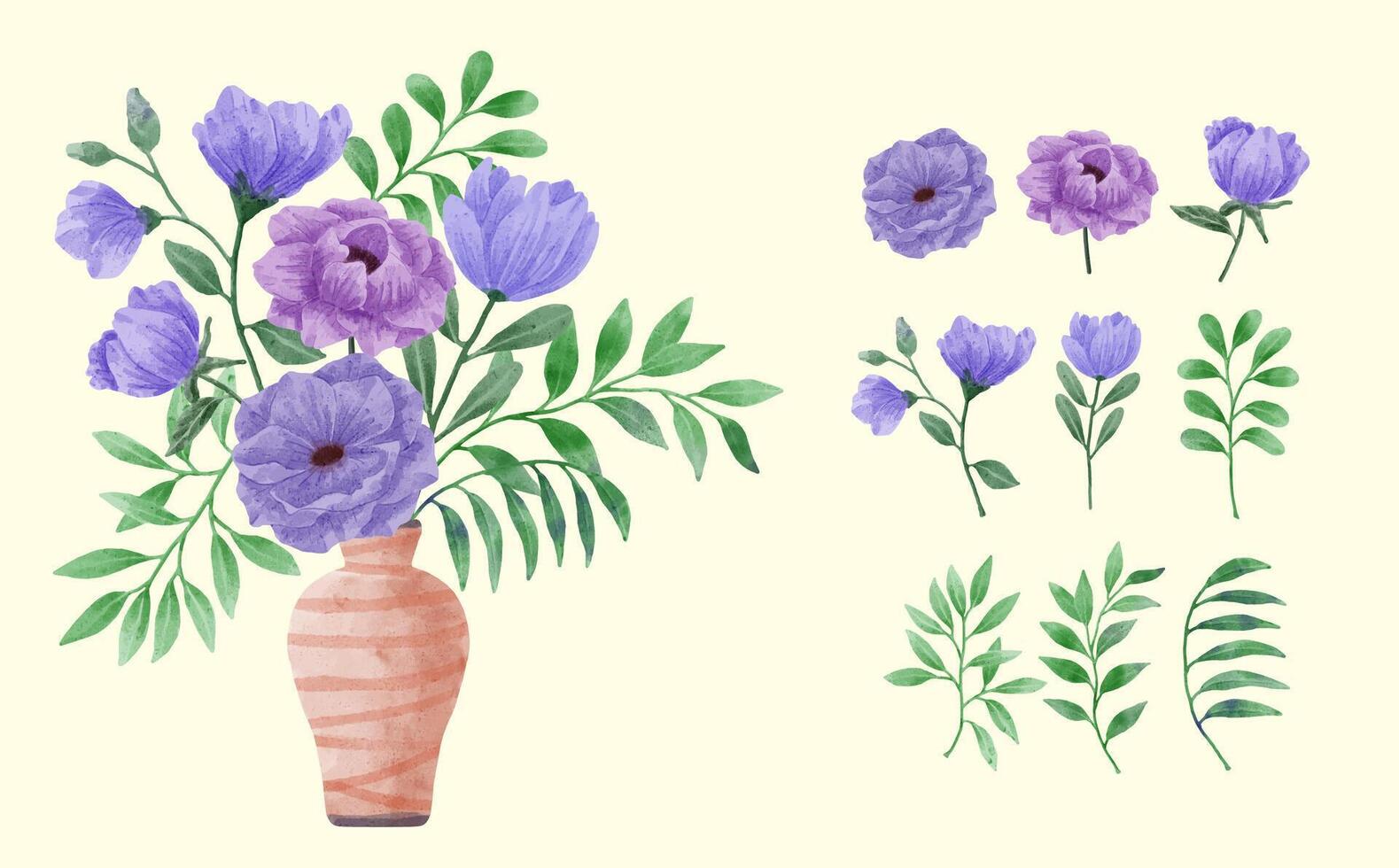 um conjunto de flores pintadas em aquarela para vários cartões e cartões comemorativos. vetor