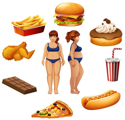 Mulheres com sobrepeso e alimentos não saudáveis vetor