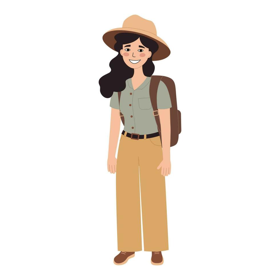 feliz mulher turista com mochila e chapéu. viajante, caminhante garota. em pé pose. vetor plano ilustração isolado em branco fundo