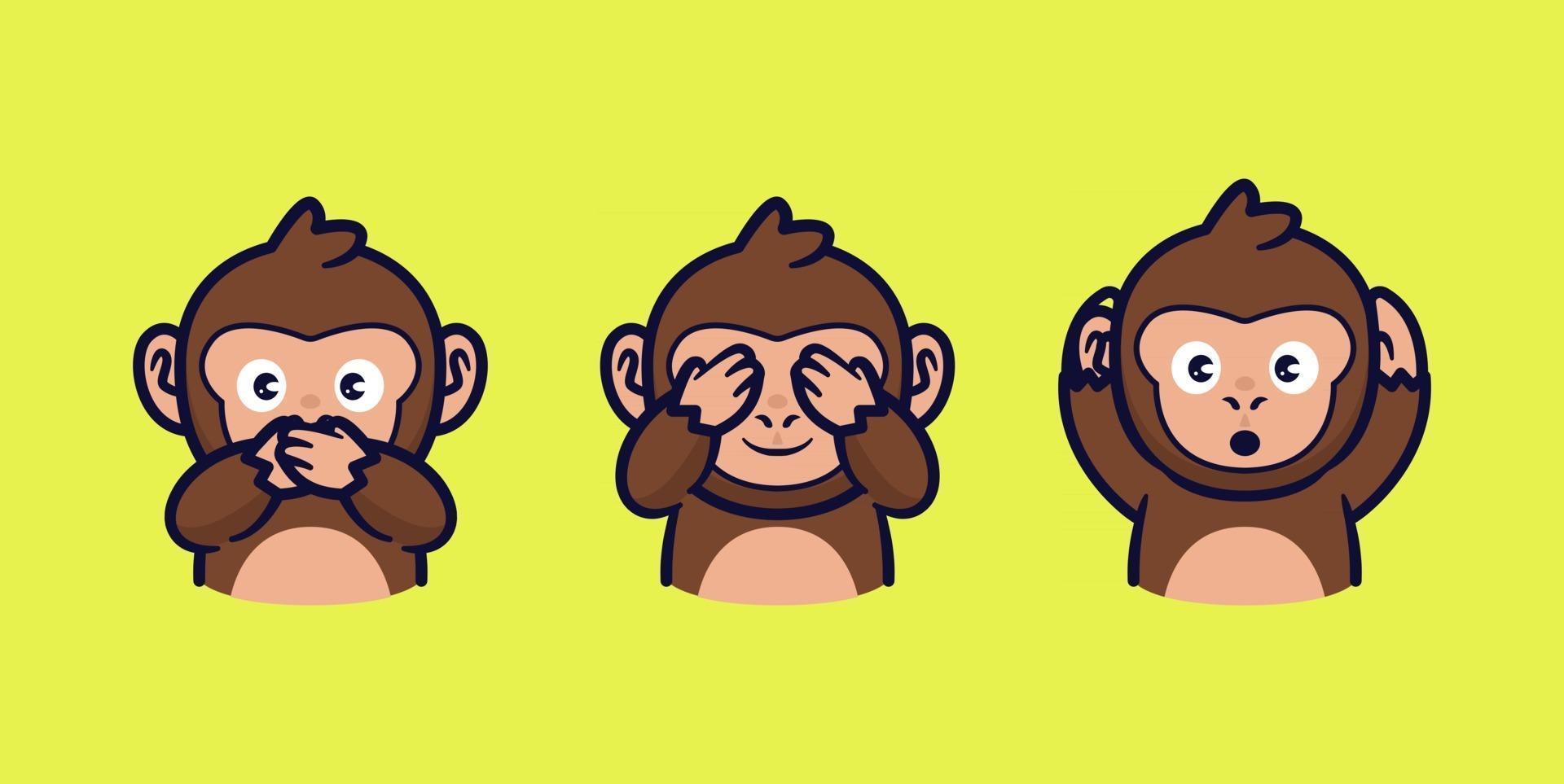 Ilustração em vetor olho e orelha de boca fechada de desenho de 3 macacos