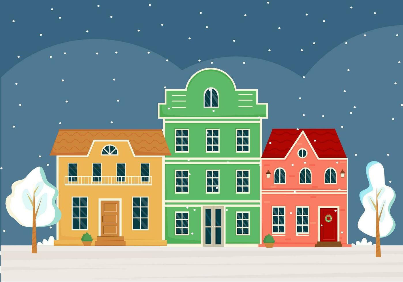 rua com três fofa colorida casas às inverno noite em Natal véspera. tradicional velho europeu casas. edifícios frente visualizar. inverno cidade. vetor ilustração dentro plano estilo.