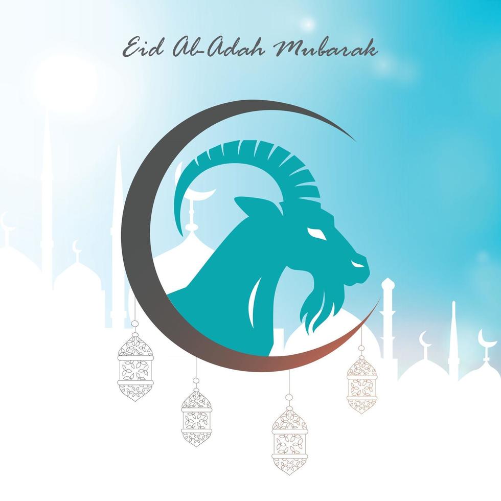 pôster de eid al-adah mubarak em fundo azul e branco vetor