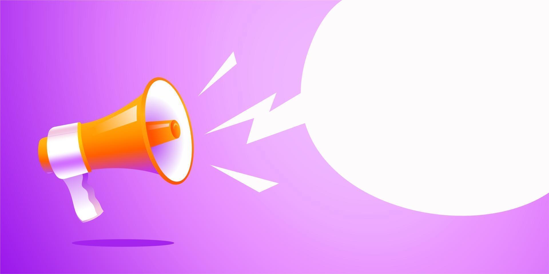 megafone de estilo realista com ilustração vetorial de espaço de cópia de bate-papo de bolha em branco no fundo do banner roxo, conceito de juntar-se a nós, vaga de emprego e anúncio em design moderno de desenho animado plano vetor