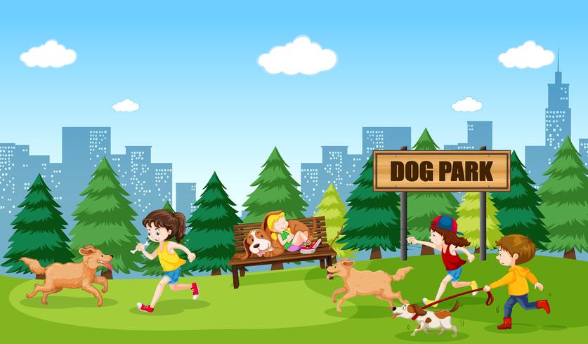 Pessoas e cães no parque do cão vetor