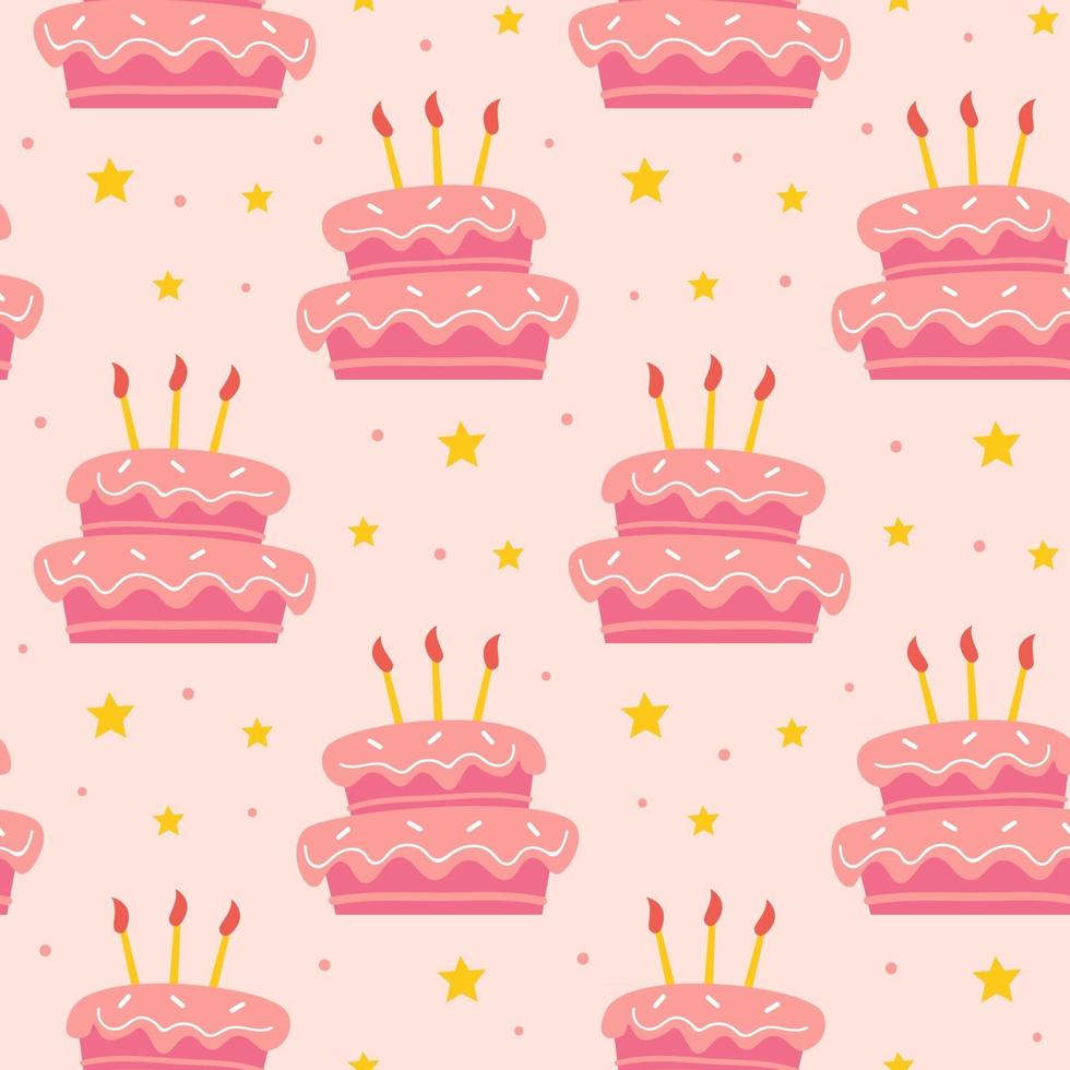 feliz aniversário padrão sem emenda bolo doce saboroso fofo com velas feriado decoração celebração padaria vetor desenho infantil isolado no fundo rosa