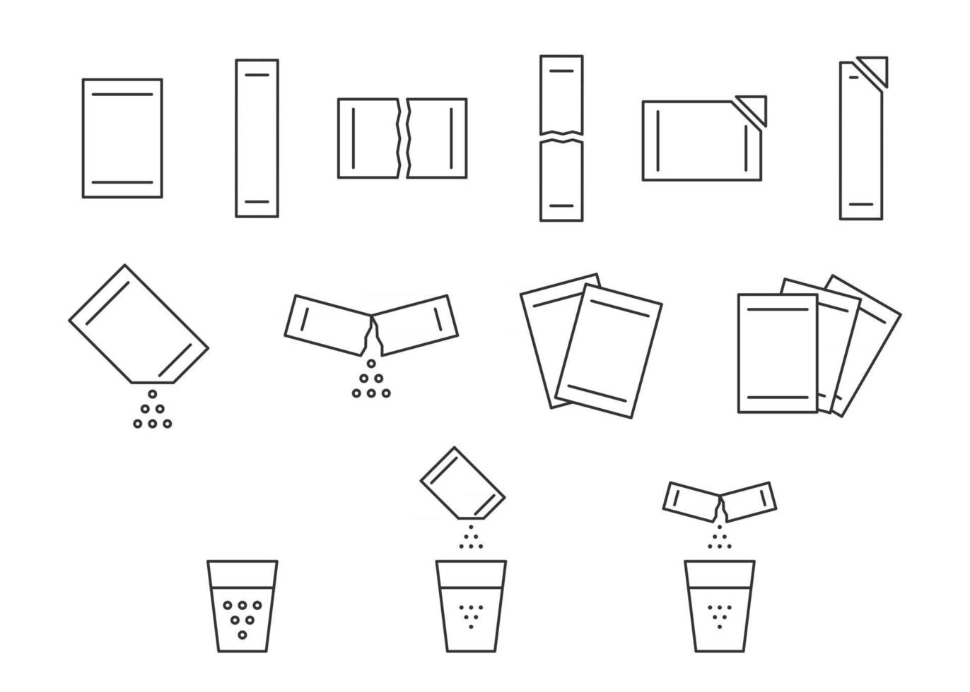 conjunto de ícones de linha de pó solúvel de pacote sachê. Abra a vara do pacote de papel com pó. saco solúvel de medicamento ou açúcar alimentar, sal, café. traço editável de bolsa de símbolo. ilustração vetorial vetor