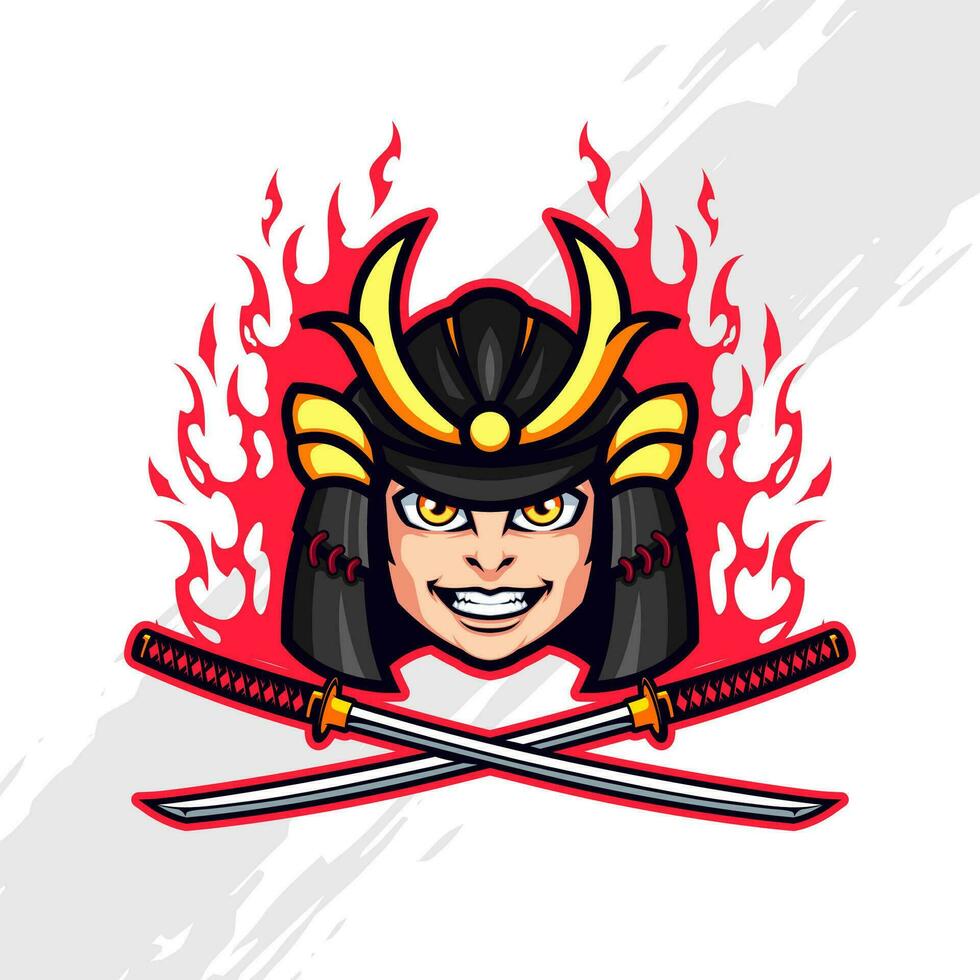 flamejante pequeno samurai cabeça com Duplo Katana mascote logotipo vetor