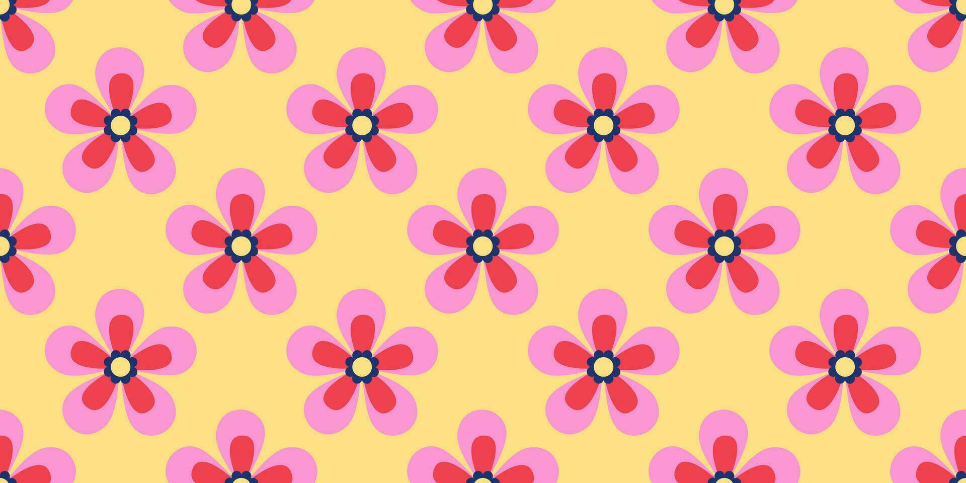 retro groovy floral desatado padronizar. hippie vibrações. Rosa margaridas. verão Prado. botânico fundo, digital papel, bandeira, papel de parede. vetor