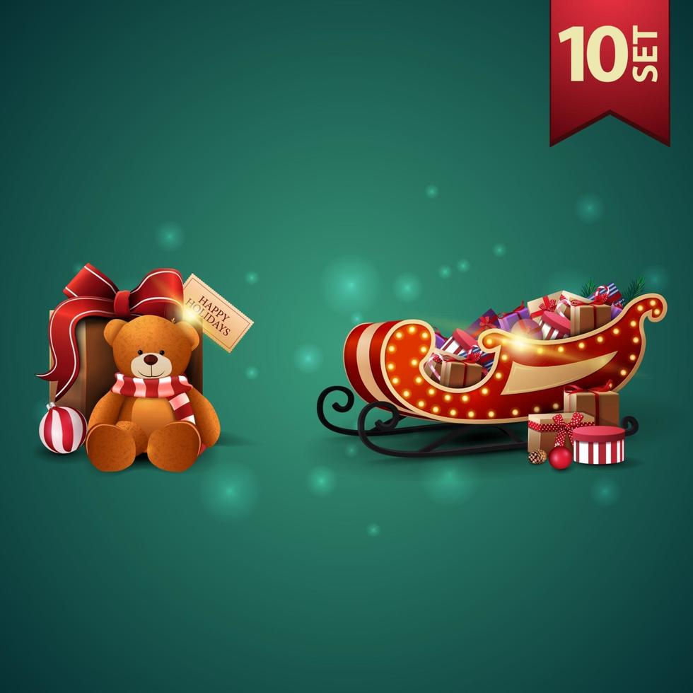 conjunto de ícones 3D de natal, trenó de Papai Noel com presentes e presente com ursinho de pelúcia vetor
