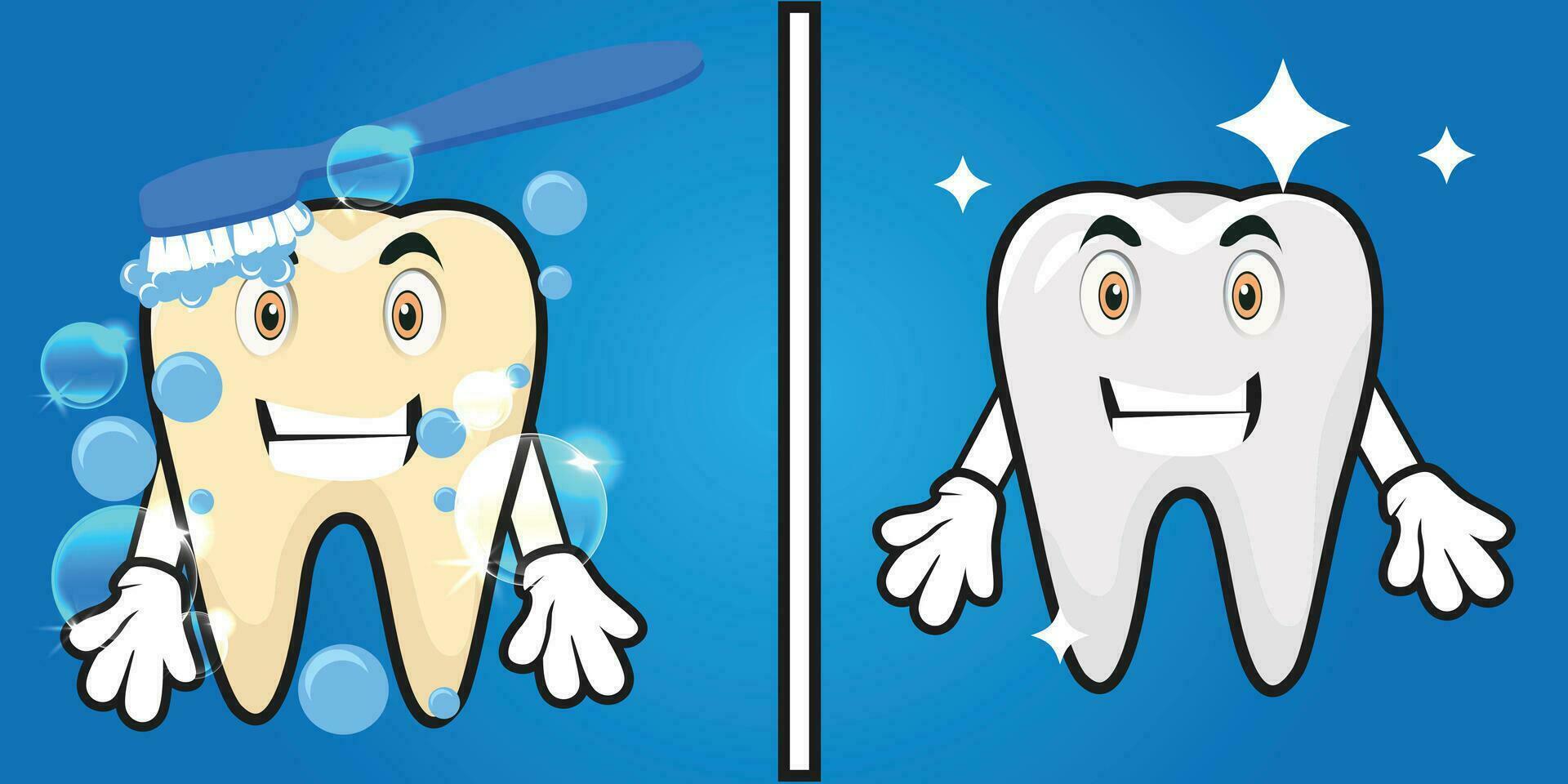 fofa dente personagem rindo Felizmente. passos para limpar \ limpo dente manchas. a partir de pouco saudável dentes para saudável dentes. ilustração para crianças. vetor plano ilustração