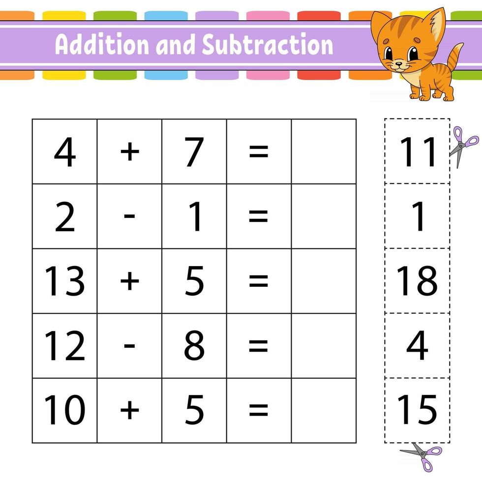 adição e subtração. tarefa para crianças. planilha de desenvolvimento de educação. página de atividades. jogo para crianças. personagem engraçado. ilustração isolada do vetor. estilo de desenho animado. vetor