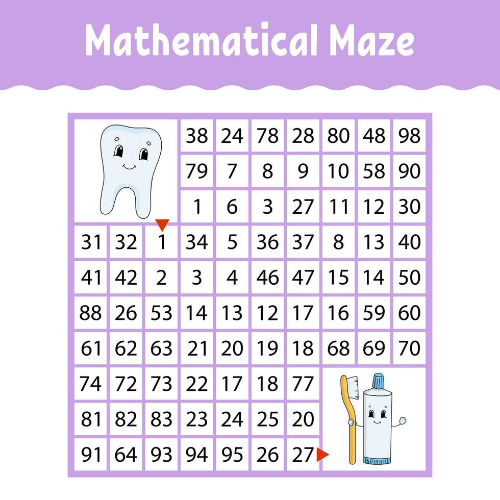 labirinto matemático. jogo para crianças. labirinto engraçado. planilha de desenvolvimento de educação. página de atividades. quebra-cabeça para crianças. estilo de desenho animado. enigma para a pré-escola. ilustração vetorial de cor vetor
