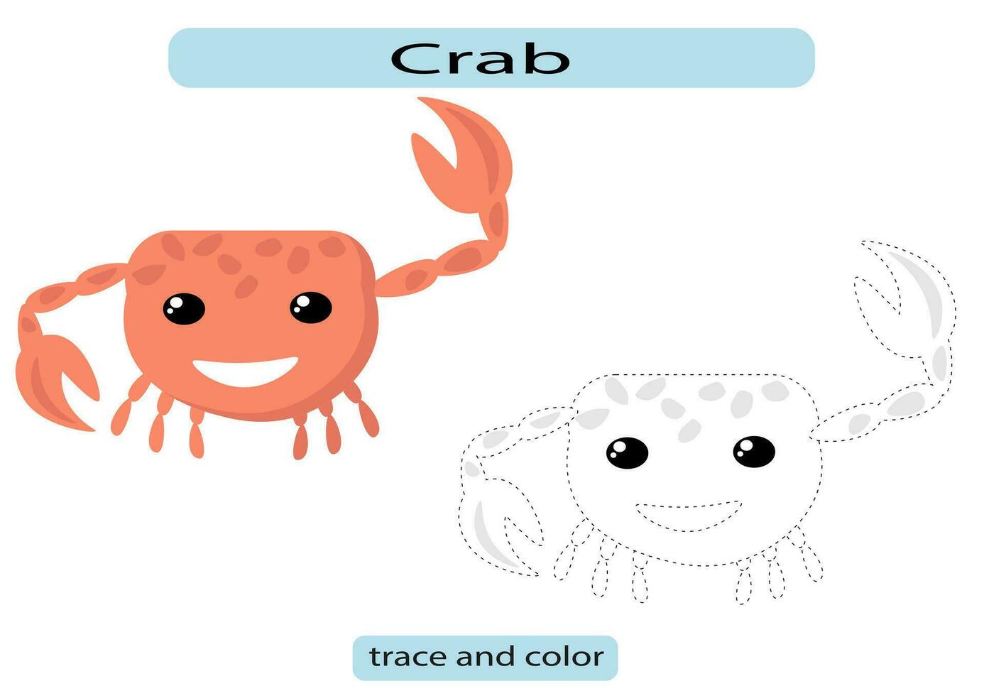 crianças planilha coloração e rastreamento caranguejo em a oceano chão vetor eps10