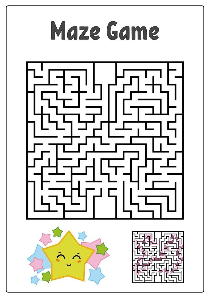 labirinto quadrado abstrato. planilhas para crianças. jogo de quebra-cabeça para crianças. estrela engraçada e cogumelo em um fundo branco. uma entrada, uma saída. enigma do labirinto. ilustração vetorial. com a resposta. vetor