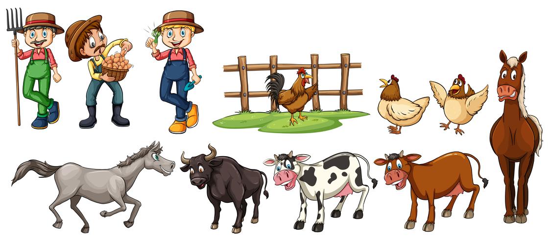 Agricultores e conjunto de animais de fazenda vetor