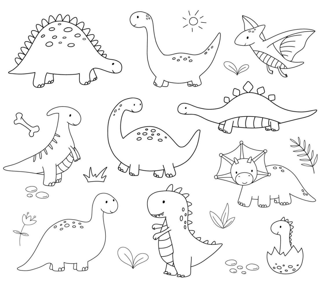 conjunto do fofa pequeno bebê dinossauros. vetor esboço rabisco ilustrações isolado em branco fundo para infantil coloração livro. pterodátilo e t-rex