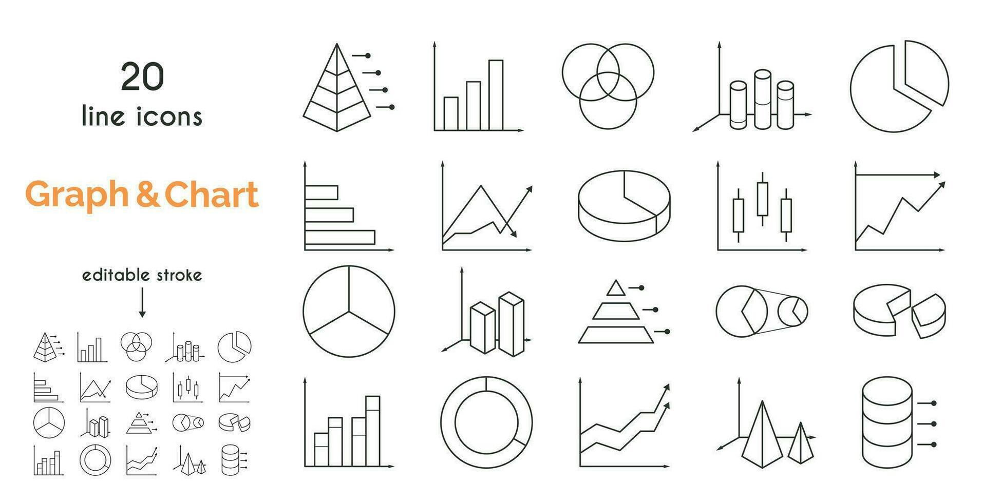 conjunto do gráfico relacionado vetor linha ícones. torta gráfico, gráfico, Estatisticas, coluna gráfico e mais.