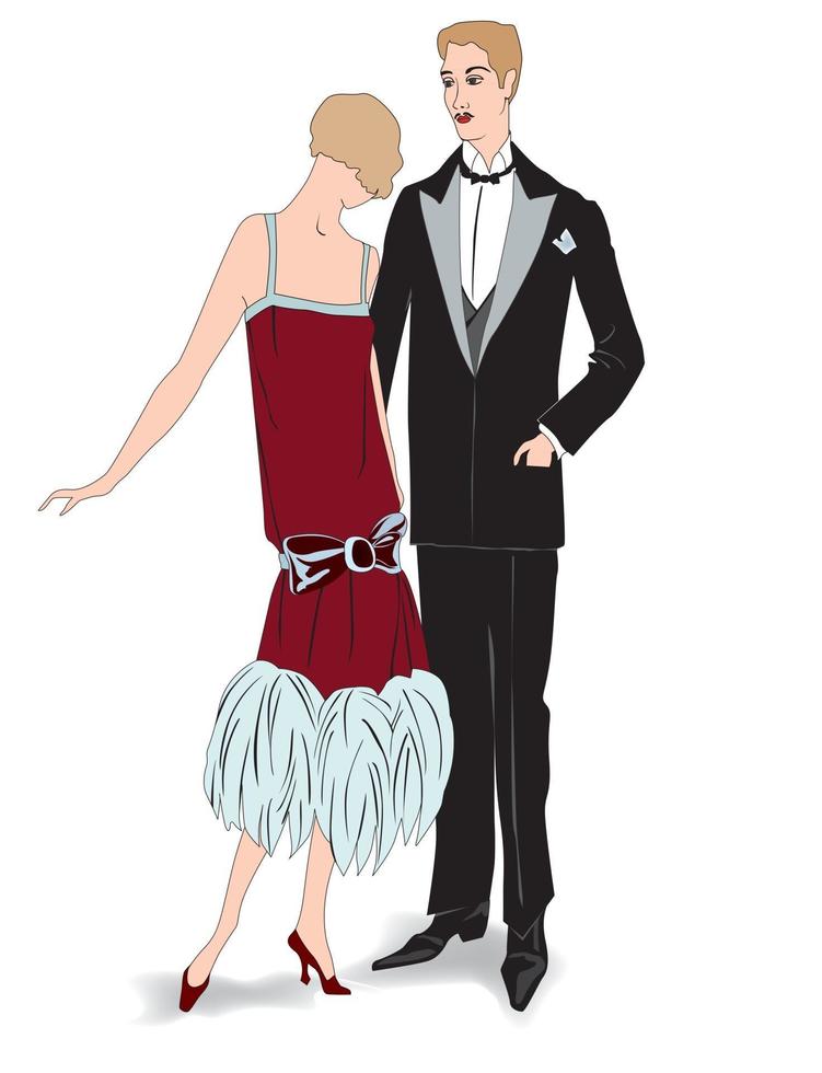 casal na festa. homem e mulher em vestido de cocktail em estilo vintage dos anos 1920. retrato de uma garota atraente melindrosa com o namorado. ilustração em vetor moda retrô isolada no fundo branco.