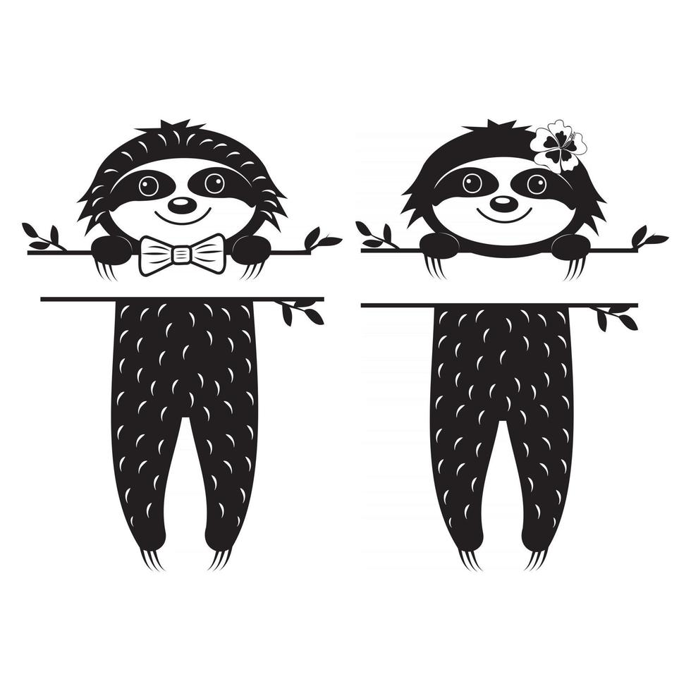 personagem de preguiça fofa menino e menina, com separador de texto estêncil preto monograma isolado vetor