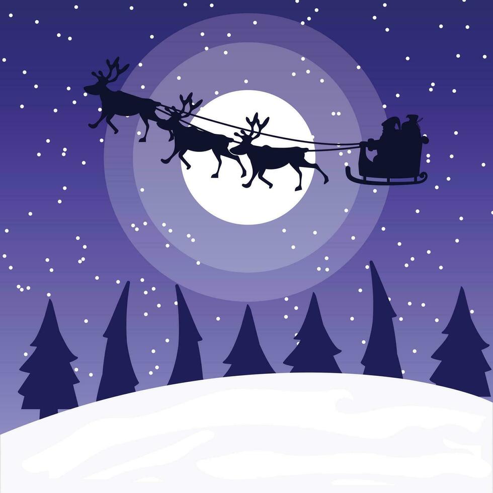 silhueta ilustração do santa claus dirigindo dele trenó às noite acima árvores Natal ilustração. vetor