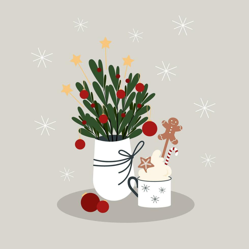 vetor natal ilustração com Natal ramalhete dentro uma vaso, estrelas, decoração e flocos de neve, cacau copo com creme, doce bengala e Pão de gengibre cara.