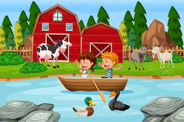 Crianças, remar, barco madeira, em, fazenda vetor