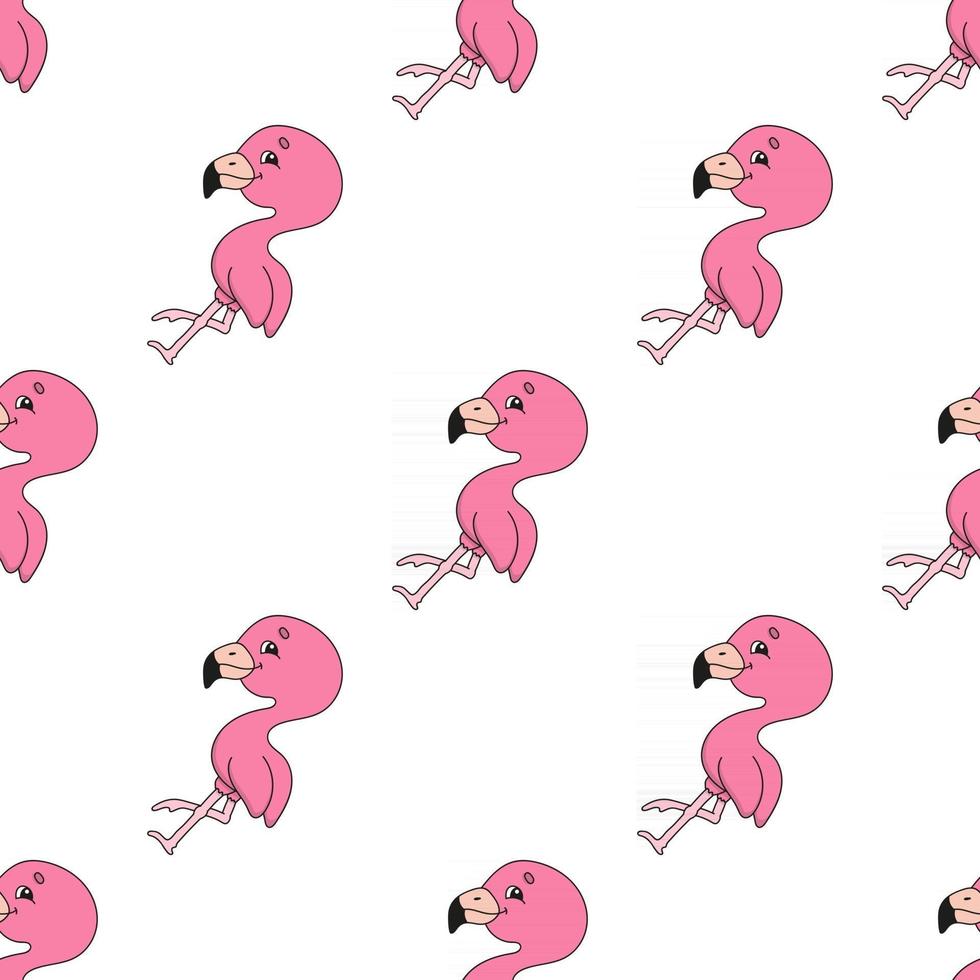 flamingo feliz. padrão colorido sem costura com personagem de desenho animado bonito. ilustração em vetor plana simples isolada no fundo branco. criar papel de parede, tecido, papel de embrulho, capas, sites.